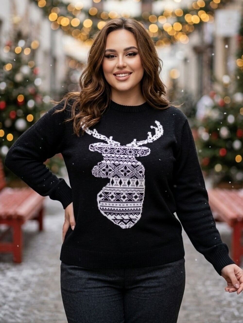 Studio 84 black cotton blend sweater with reindeer design Sz L Exc condition